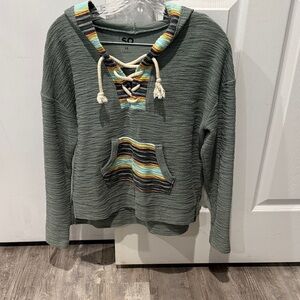 SO Sage Green Lace-Up Hoodie Sweater with Multicolor Stripe Trim